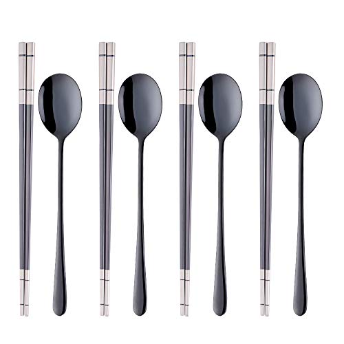 Buyer Star 4 Set Black Square Chopsticks and Spoons Set Metal Stainless Steel Spoons Chopsticks Set - color: black-square chopstick and spoon