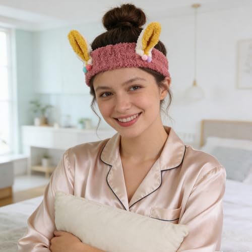 PERFECTSIGHT Kawaii Headband for Spa, Makeup, Washing Face, Party - 2 Pack Cute Hair Band for Shower Beauty Skincare, Soft Facial Headbands for Girls and Women (Red+Yellow Rabbit Ear) - color: Red+Yellow Rabbit Ear