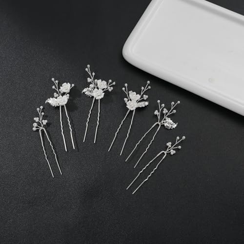 Handmade Pearl Bridal Wedding Hair Pins 6Pcs White Ceramic Flowers Gold Leaf Pearls Clips Wedding Hair Accessories for Women Brides Bridesmaid (Silver) - color: Silver