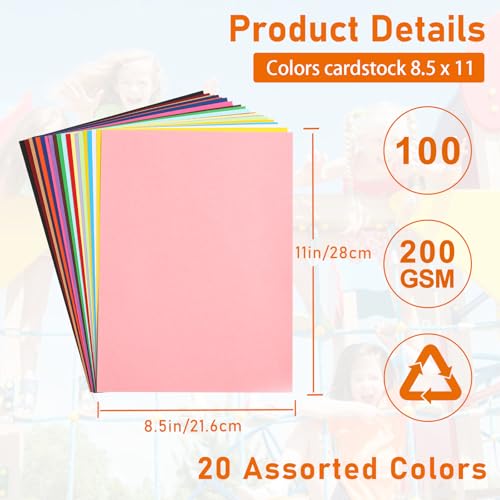 Guakicae 100 Sheets 20 Assorted Colors Cardstock 8.5 x 11 Craft Paper 75lb - color: Multicolor, size: 100 Sheets