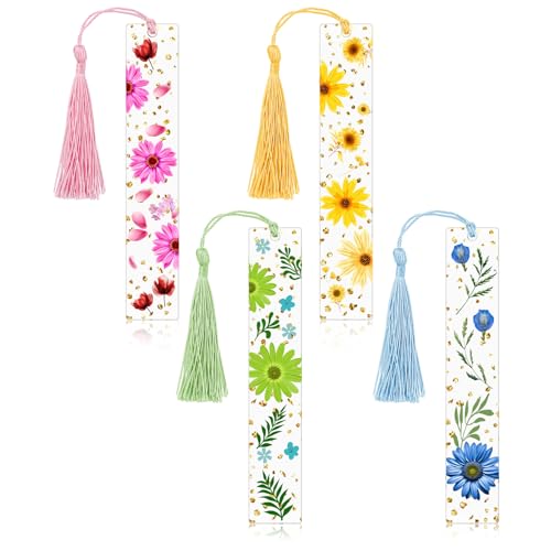 4 Pieces Pressed Flower Bookmarks for Men Women Book Lovers, Dried Flower Bookmarks with Tassels Transparent Acrylic Bookmark Floral Dried Flowers Page Marker for Reading Lover Students Teachers - color: Pink, Light Golden Yellow, Light Green, Sky Blue