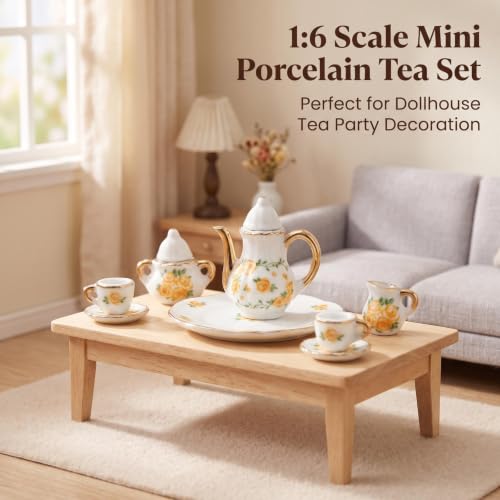 Miniature Tea Set 1/6 Scale Dollhouse Accessories Porcelain Yellow Rose - color: Yellow