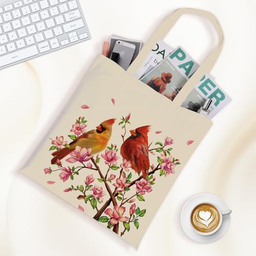 Louise Maelys Cardinal Pair Canvas Tote Bag For Women with Zipper Pocket - style: Cardinal Flower