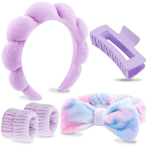 VELSCRUN Spa Headbands for Wash Face, Makeup Headband, Facial Skincare Headbands, 5 Pcs Purple Colourful Puffy Sponge Spa Headband Bow Tie Hair Band Hair Clips Wristband Set Women Girls Accessories - color: Purple Colourful