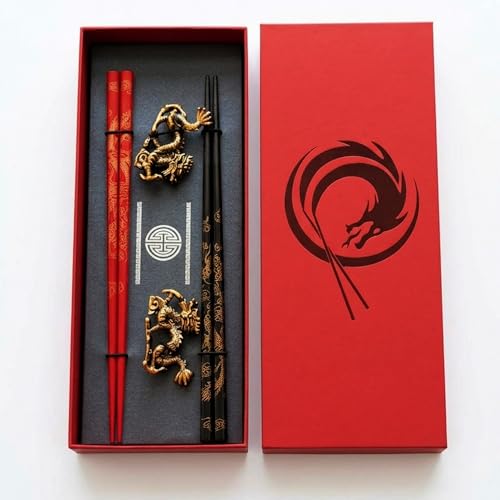 Dragon Chinese Chopsticks – Set of 2 Black & Red Wooden Chopsticks Reusable with Golden Engraved Design, Metal Chopstick Holders – Comfortable Grip Chopsticks for Sushi, Rice, Noodles