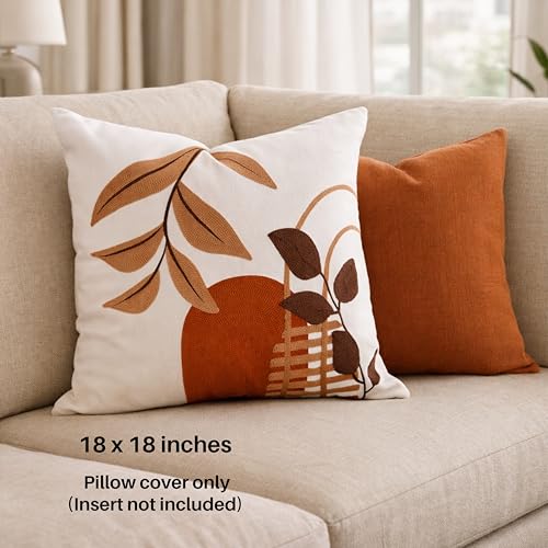 AYAY Decorative Velvet Throw Pillow Cover 18x18 Inch – Off White with Brown & Rust Embroidered Abstract Design, Warm Neutral Boho Accent Cushion, Hidden Zipper, Cover Only - color: Warm Neutral Brown and Rust