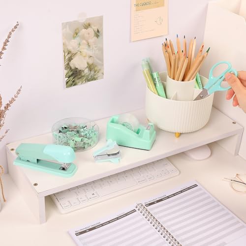 SKYDUE Teal Office Supplies Set, Office Desk Accessories 10Pcs, Pencil Holder for Desk, Stapler, Tape Dispenser, Scissors, Clips and 1000pcs Staples, School Supplies for Teacher - color: Teal