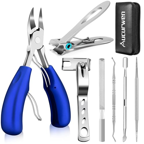 Toenail Clippers for Seniors Thick Toenails, Aucurwen Heavy Duty Toe Nail Clippers Adult Thick Nails Long Handle, Large Toenail Clippers for Thick Nails 7Pcs(Blue) - color: Blue