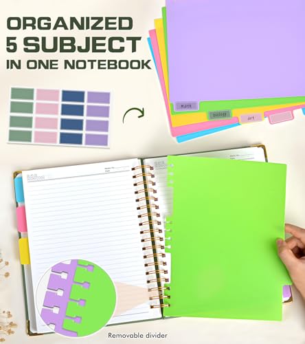 5 Subject Spiral Notebook Journal with Removable Dividers Tabs, 300 Pages Organizer Notebooks for Work School, A5 Hardcover Leather Notebook College Ruled, Lined Journal for Women Men，Sage - color: Sage Green, size: A5