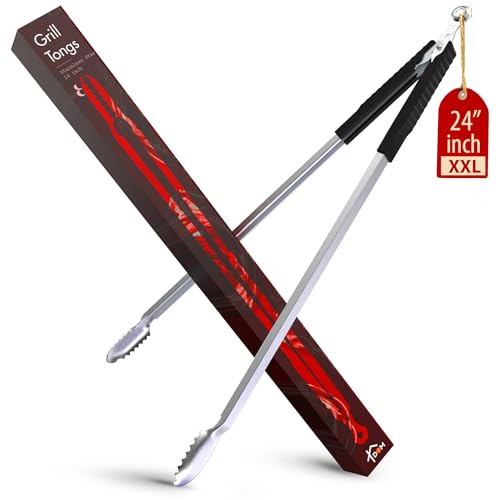 24 inch BBQ Tongs - 1 Year Warranty, 100% Stainless Steel Long Metal Grill Tongs for Outdoor Grill, Non Slip Handle, Locking Mechanism, Heat resistant, Pinzas de Cocina for steak, hot dog and more