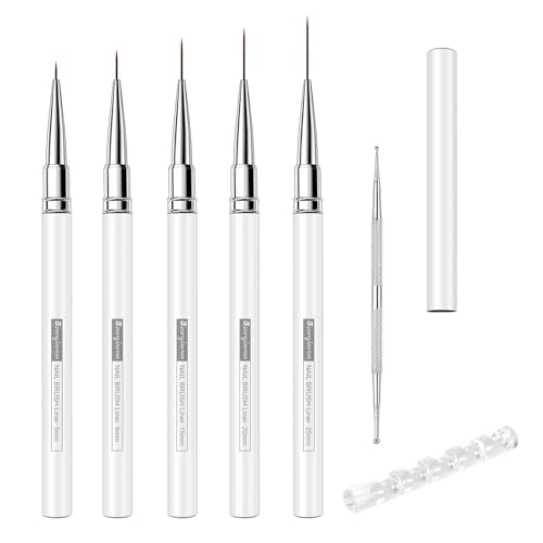 Nail Liner Brush, Fine Line Nail art Brushes 5/9/15/20/25mm Thin Line Nail Brushes Detail Drawing, Liner Brush for Nails Gel (White) - color: White