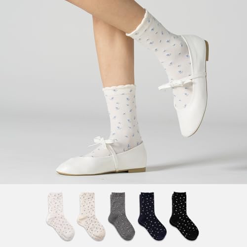Womens Cotton Crew & Ankle Socks, Cute Floral Ruffle Colorful Tube Size 6-9 - color: Floral H