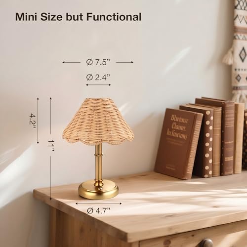Mini Cordless Boho Rattan Table lamp, 5200-mAh Rechargeable Battery, 3-Level Brightness Dimmable, Build-in Integrated LED 320 Lumen Max, Rattan Shade, for Bedside Restaurant Dining Table - color: 11'' Tall Gold