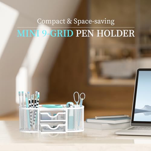 SUPEASY Mesh Desk Organizer, Pen Holder for Desk with 2 Drawers, White - color: Pearl White