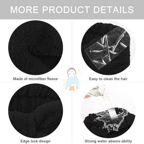 CIEHER 12 PCS Black Makeup Headband for Women Wrist Washband Scrunchies Cuffs for Washing Face, Soft Bow Hair Band Matching Wristbands, Spa Headband Coral Fleece - color: Black
