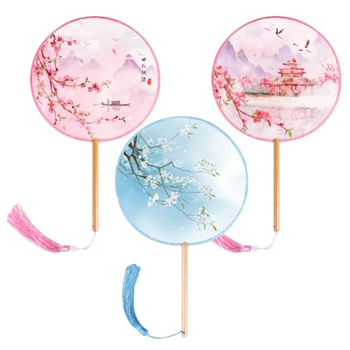 BAOZOON 3 Pcs Silky Translucent Ancient Round Fan Classic Silk Hand Held Fan Floral Pattern Palace Paddle Dance Fan with Tassel Wooden Handle Wedding Favor Gift Home Decor - color: Color#7