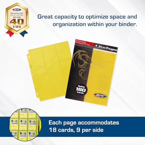 BCW Double-Sided 9-Pocket Pages Holder - 10 Yellow Pages| Trading Card Binder Sheets | Secure Side Loading | Ideal Card Storage and Display Solution - color: Yellow