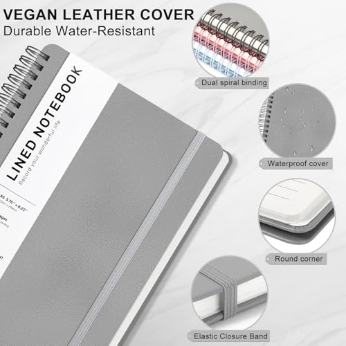 Lined Spiral Journal Notebook, A5 Hardcover Leather Notebook for Work, 5.7''×8.2'', 100GSM Thick Paper Spiral Bound Journaling Notebook for Women Men Office School Note Taking Business, Morandi black - color: Morandi Black, size: A5