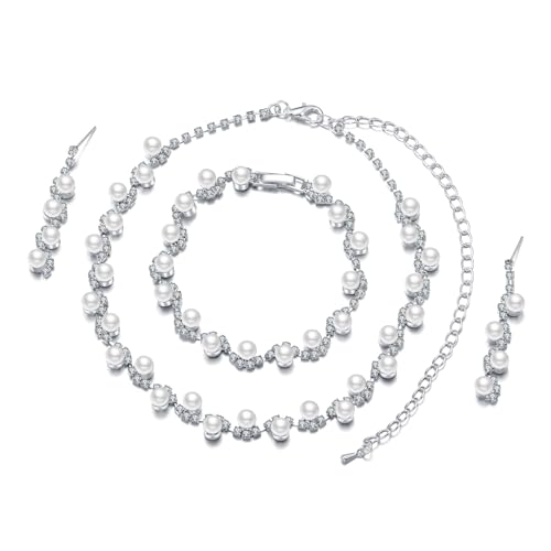 Pearl Bride Wedding Jewelry Set Faux Pearls Crystal Rhinestone Necklace Earrings Bracelet Sets for Women Bridesmaid(3 PCS) - color: Silver - 3-Piece Set