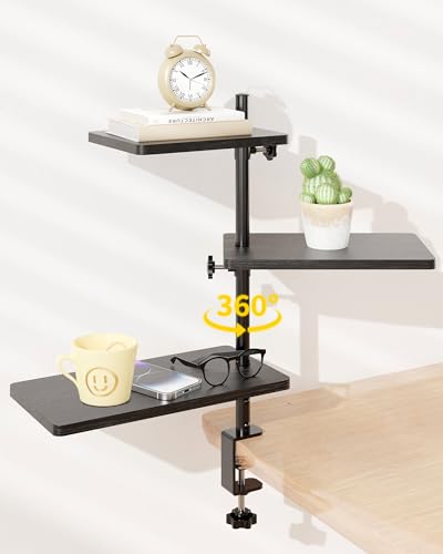 3 Tiers Clamp On Desk Shelf, 360° Angle Adjustable Desktop Shelf Organizer for Home Office Gaming Room, No Drill Desk Extender Adapt to 0.4-2.16 inches Table Thick, Black Brown - color: 3-tier Black