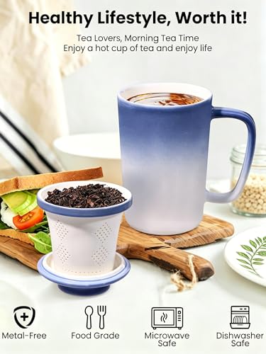 Ceramic Tea Mug with Infuser and Lid,16oz Porcelain Loose Leaf Tea Cup with Large Handle,Metal-Free Filter,Microwave &Dishwasher Safe,Perfect for Tea,Coffee (Light Blue) - color: Light Blue