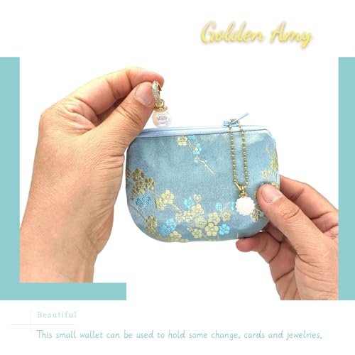 Handmade Women Coin Purse Brocade Rosary Bag Silk Jewelry Pouch Zipper Wallet - Turquoise - color: Turquoise