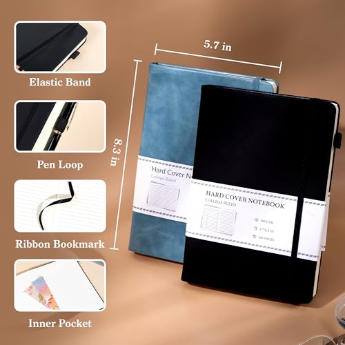 CAGIE 2 Pack Journals Notebooks for Women Men Leather Journals for Writing Hardcover A5 Journaling Notebooks Thick Journal Supplies Diary, Black& Blue - color: H-Black Blue, style: Lined A5