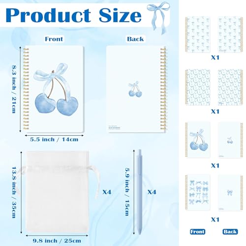 CNhoqc Blue Coquette Journal Notebooks, 4 Sets A5 Ballpoint Pen Organza Bag - color: 4-Set Blue Bow