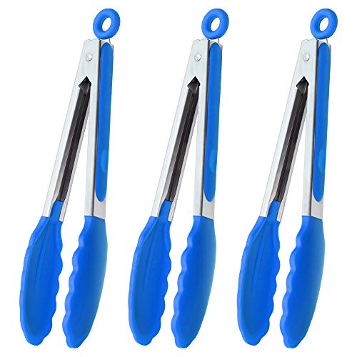 HINMAY 9-Inch Cooking Tongs with Silicone Tips, Set of 3 (Blue) - color: Blue