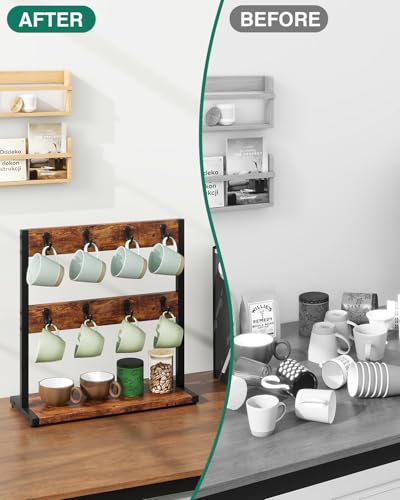 IBUYKE Coffee Mug Holder for Countertop,16 Hook Mug Tree,Brown TBJ001H - color: Rustic Brown, size: no shelf(16 mugs)