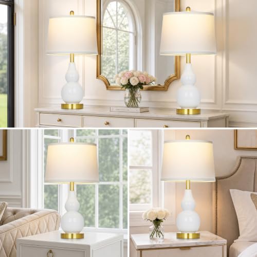 Rinweey 25" White Double Gourd Ceramic Lamps Set of 2, Modern Bedside Lamps - color: White - 25"H