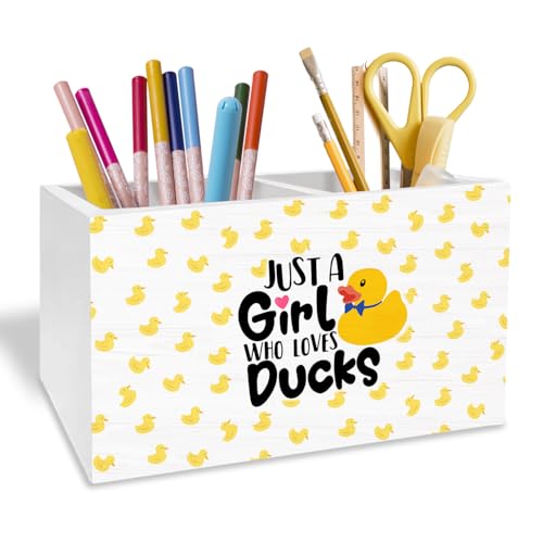 Yellow Duck Pen Holder for Desk, Gifts for Duck Lovers Pencil Organizer, Just a Girl Who Loves Ducks Wooden Box Sign Desk Decor for Home Office Decoration - color: DUCKS