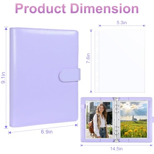 PU Leather A5 Binder, 5x7 Photo Sleeves with 60 Pockets, Secure Top Loading Pages, Refillable Adjustable Album for Keepsakes, Purple - color: Purple