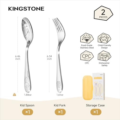 KINGSTONE 2 Pcs Kids Silverware with Case, Stainless Steel, Honey Bear - color: Honey Bear, size: 2-Piece (Large)