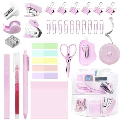 Mini School Supplies Kit, Pink Stapler with Staples and Tape Dispenser Set, Mini Stationary Set Includes Sticky Notes Index Tabs Highlighters Gel Pens for Office & Back to School Supplies - color: Pink