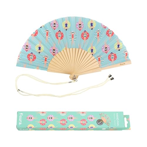 Fisura – Original “Swimmers” Folding Fan. Blue Wooden Handheld Fan for Women with Hanger. Lightweight Accessory for Weddings, Birthdays, Parties, Festivals and Unique Summer Gift Ideas. - color: Swimmers