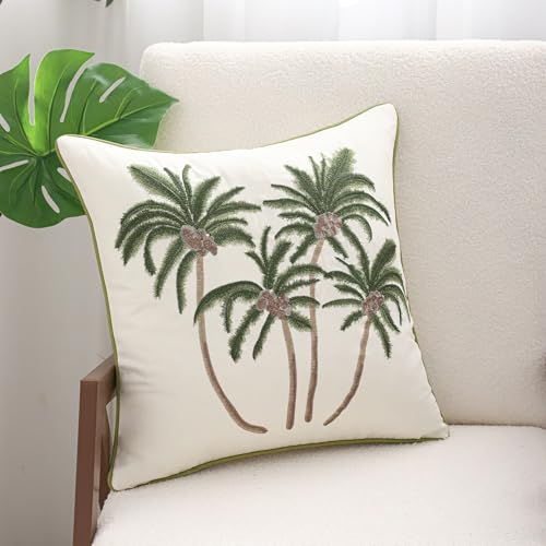 Embroidered Throw Pillow Covers 18x18 Pack of 2 Green Coconut Trees - color: Green Coconut Palm Trees