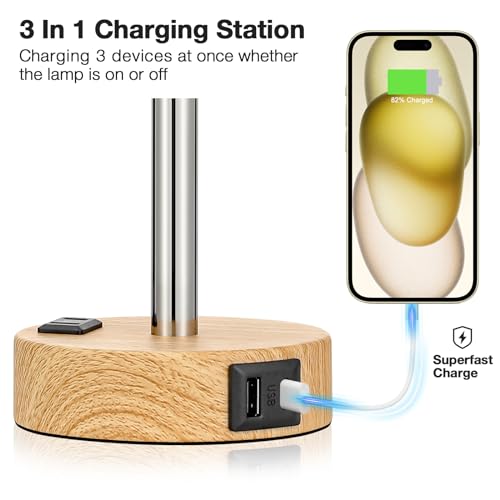 Fenmzee Bedside Table Lamp for Bedroom - Dimmable Touch, USB A+C, AC Outlet - color: Cream Shade-Wood Base, size: 14"