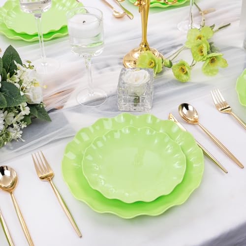 LIYH 24Pcs Green Unbreakable Plastic Plates for Birthday Scalloped - color: Green, size: 24(12 Guests)