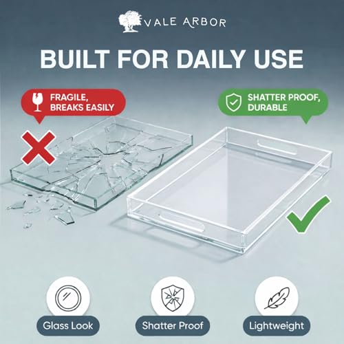 Clear Small Acrylic Serving Tray 16x12, Waterproof Modern Coffee Table Tray with Handles, Decorative Rectangle Acrylic Organizers for Living Room, Bar Cart, Bathroom Decor & Vanity Desk Decor - color: Clear, size: 16" x 12" x 2"