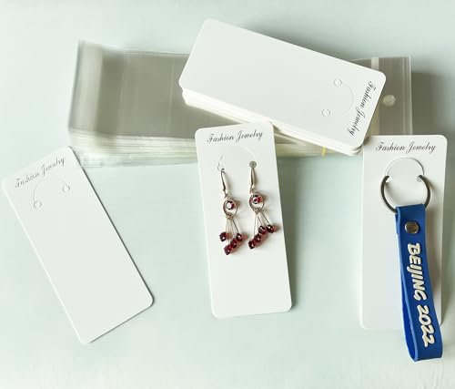 100 Set Keychain Display Cards with Bags,Jewelry Packaging Blank Hanging Cards for Selling - color: White-letter