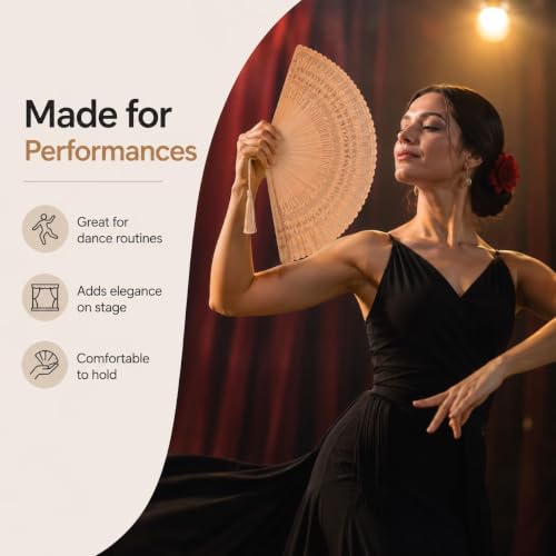 COHEALI Bamboo Folding Hand Fan, 12.5 Inch Wooden Handheld Fan with Tassel, Vintage Cooling Accessory for Women, Weddings and Parties