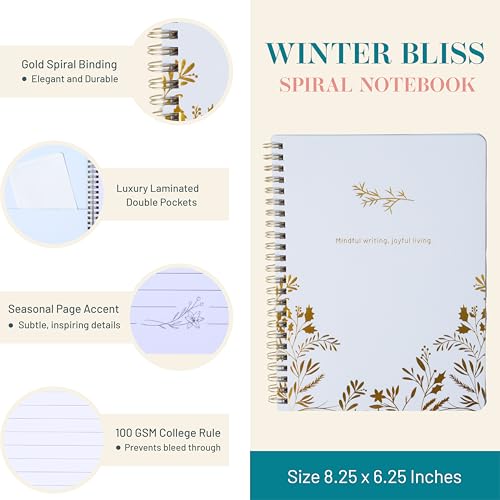 Happy Hoos® Aesthetic Spiral Notebook - 6.25" x 8.25" College Ruled Journal Notebook - Hard Cover Writing Journal for Work, School, Travel, More - Floral Notebook 8 Seasonal Designs (Winter Bliss) - color: Winter Bliss