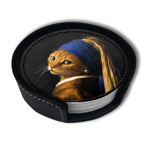 Cat Art Coasters for Drinks with Holder Leather Coasters Set of 6 for Bar Coffee Table - color: Cat Art
