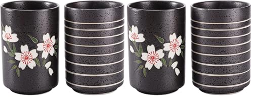 Hedume Set of 2 Japanese Tea Cups, 10oz Ceramic Teacup Mug, Japanese Cherry Blossoms and Line Design Ceramic Tea Cups Set for Green Tea, Matcha Tea, Bancha (Pack of 2) - size: 2 Count (Pack of 2)