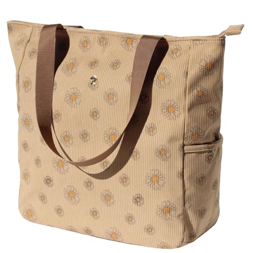 ESVAN Original Floral Water Resistant Large Tote Bag Shoulder Bag for Gym Beach Travel Daily Bags Upgraded - color: Corduroy Brown Daisy