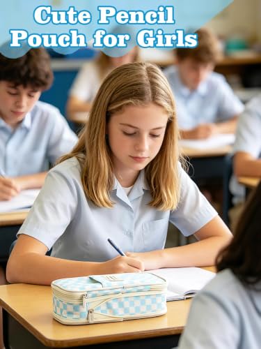 Bigmeta Gingham Expandable Pencil Case for Teens Girls - Light Blue - color: Light Blue