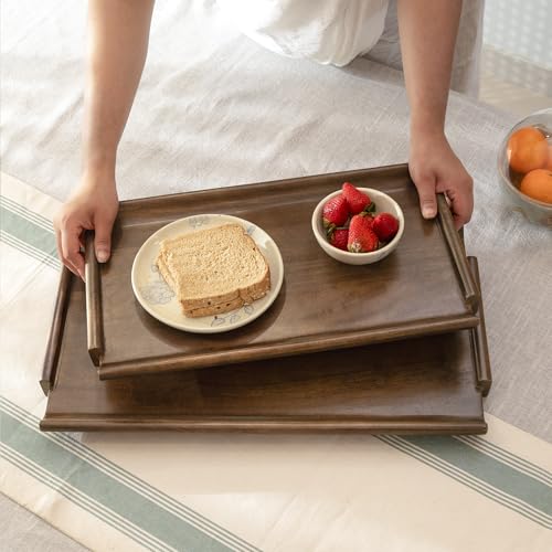 Ellementry Wooden Serving Tray Set – Decorative Tray for Coffee Table, Kitchen & Dining, Serving Platters, Breakfast & Snack Tray - color: Rhythm Brown