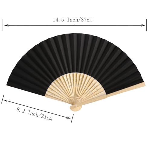 50pcs Paper Hand Fan with Organza Bags Bamboo Handheld Folding Fan DIY Decorative Wedding Party Favors (Black) - color: Black