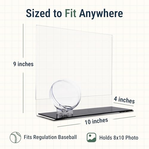 Baseball Holder with Picture Frame – Acrylic Baseball Card Display Case for 8x10 Horizontal Photo, Clear Ball Stand and Photo Frame Display for Counter or Shelf, Single Ball Memorabilia Case